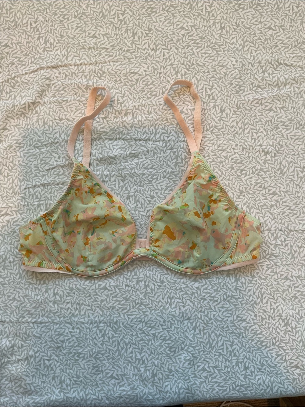 Simone Perele Mint Green Floral Underwire Bra with Peach Straps